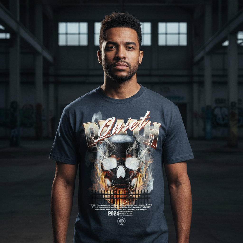 Men's "Quiet Death" Fiery Skull Graphic T-Shirt | Edgy Streetwear